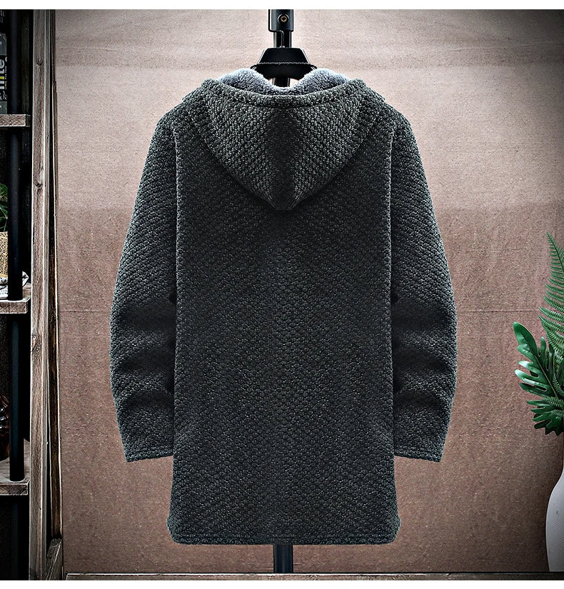 Men's Winter Knit Hooded Zip Up Jacket | Long