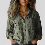 Women's Vintage Floral Print Blouse with Chest Pockets | Long Sleeves