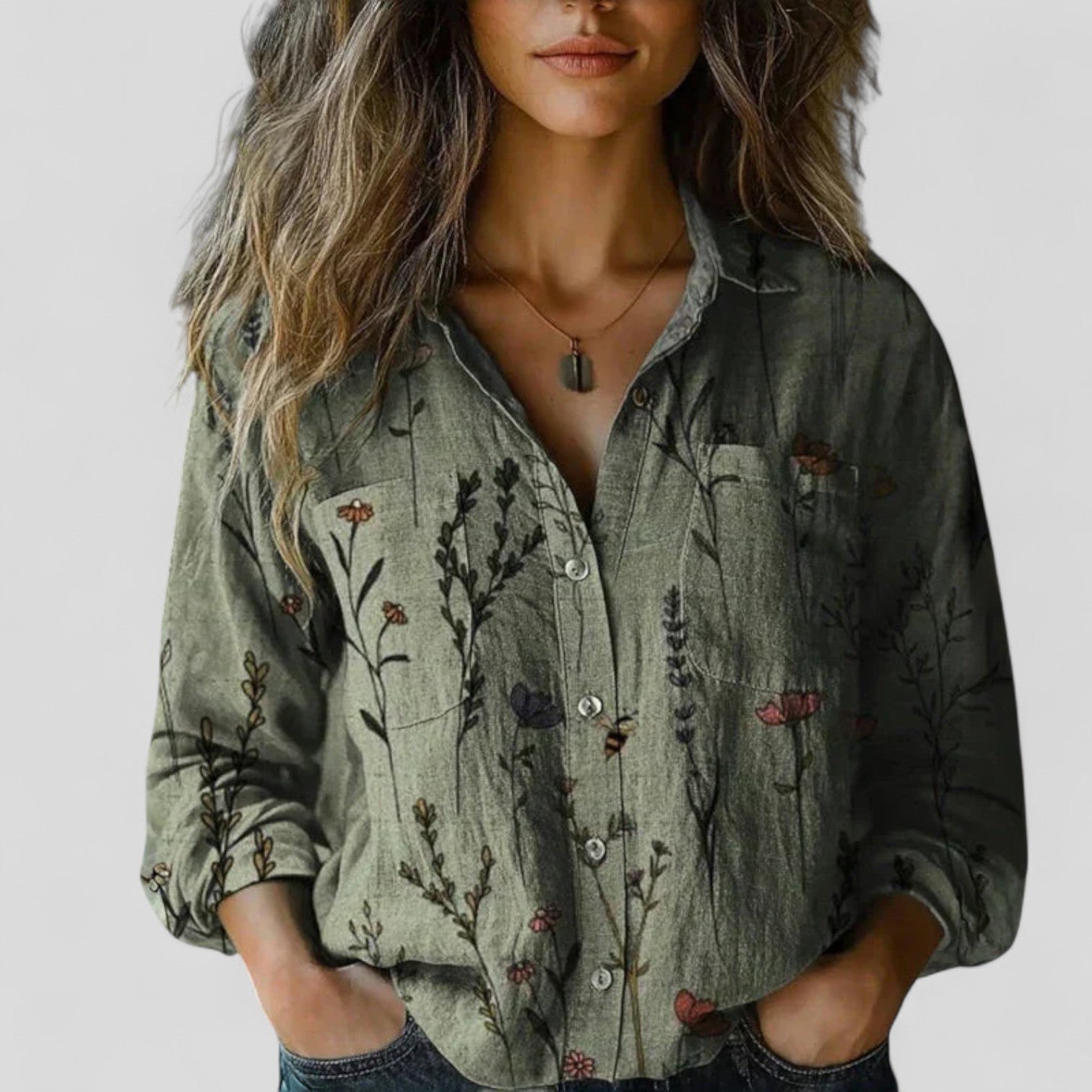 Women's Vintage Floral Print Blouse with Chest Pockets | Long Sleeves