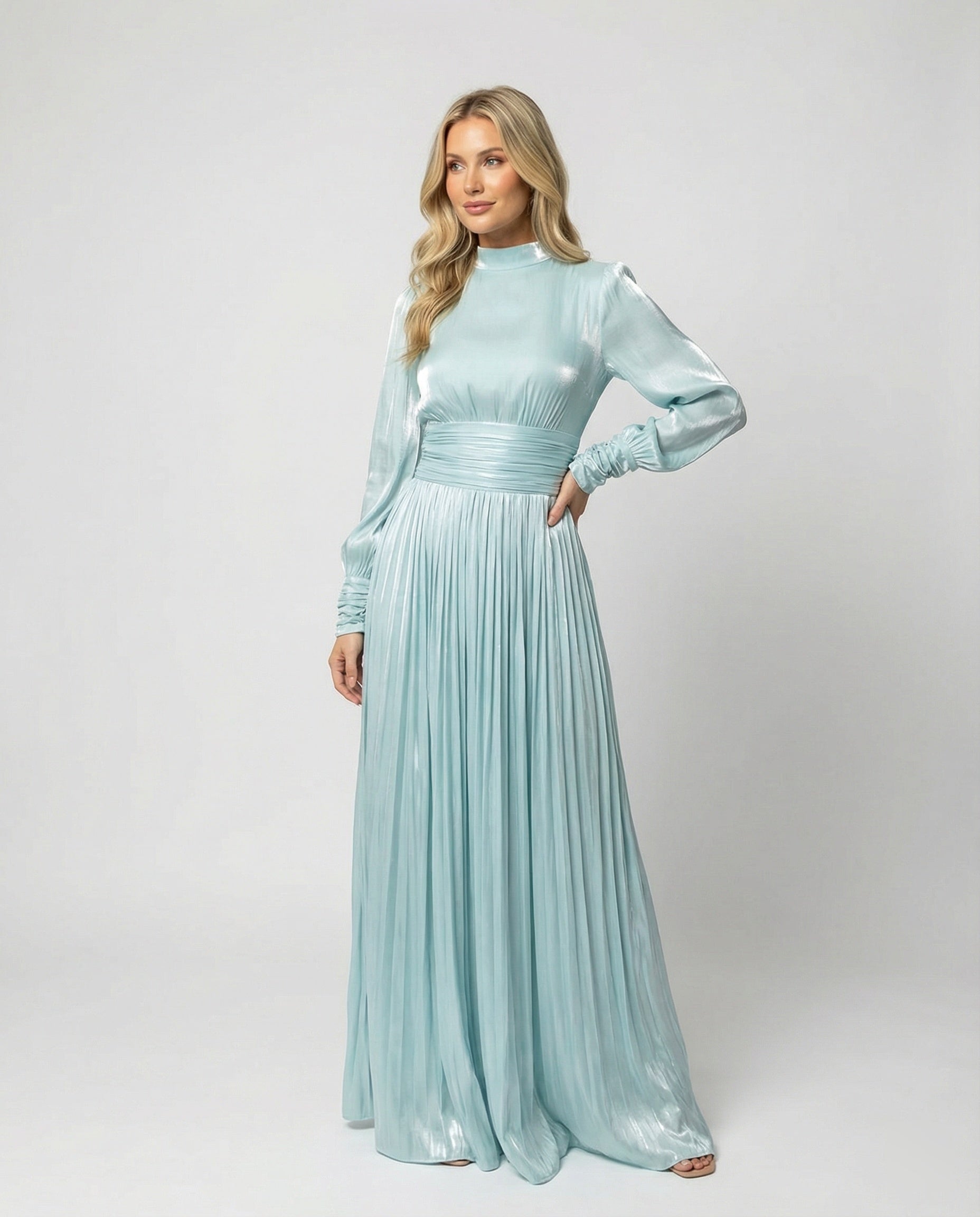 Women's Elegant Pleated Balloon-Sleeve Dress | Maxi