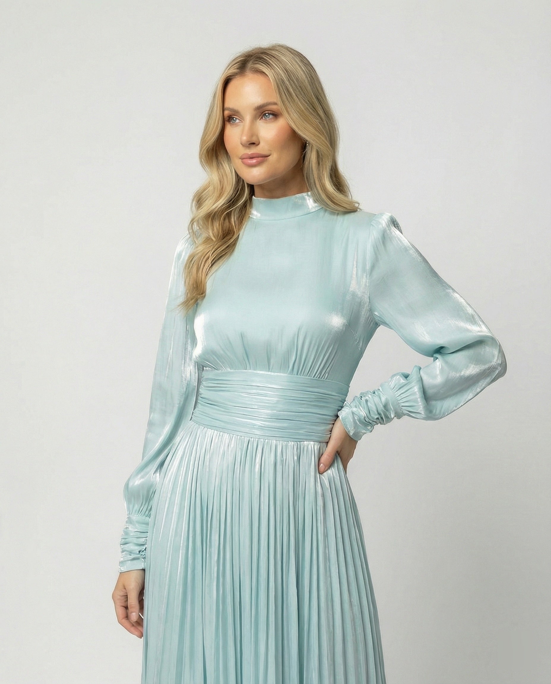 Women's Elegant Pleated Balloon-Sleeve Dress | Maxi