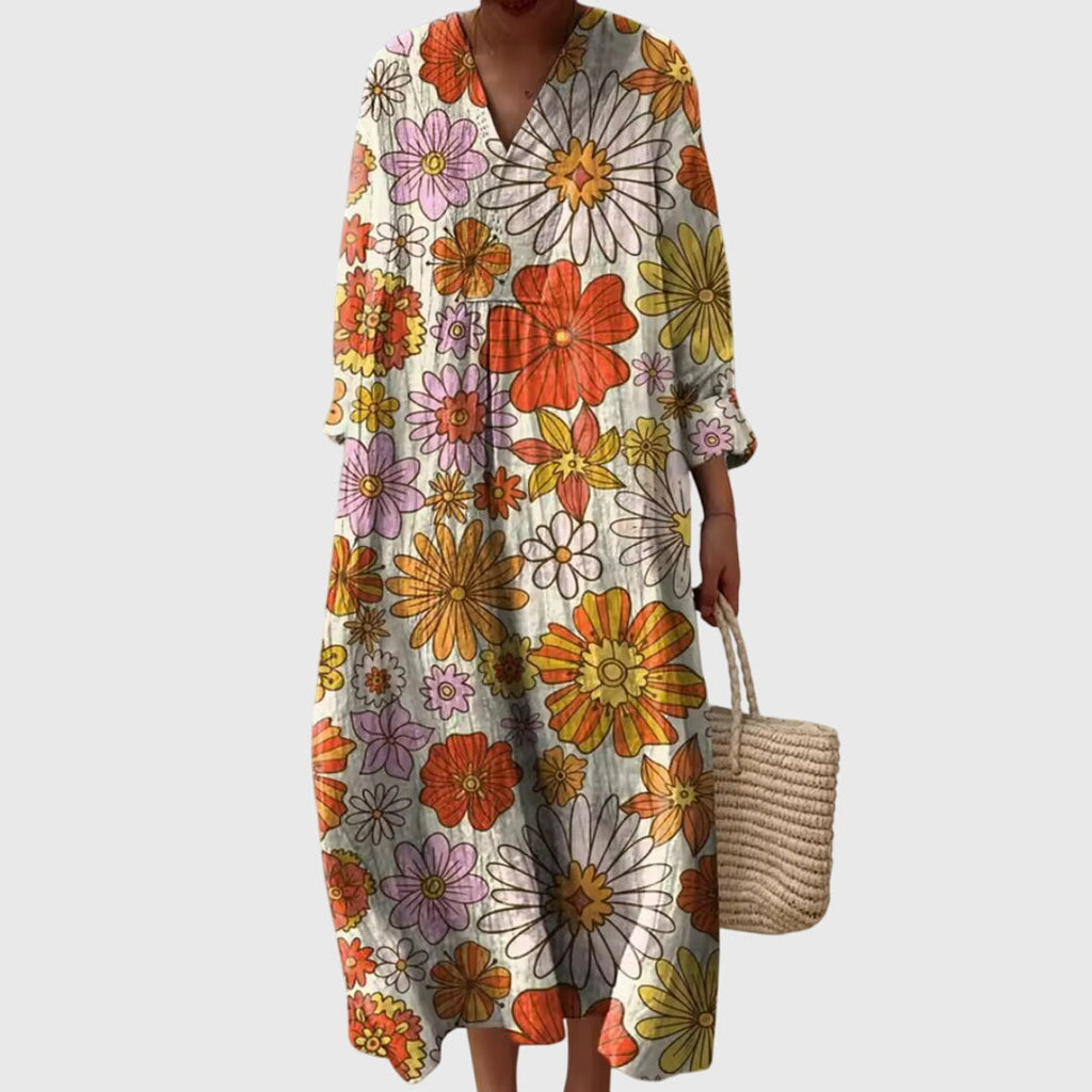 Women's Boho Summer Loose Fit V-Neck Dress | Midi