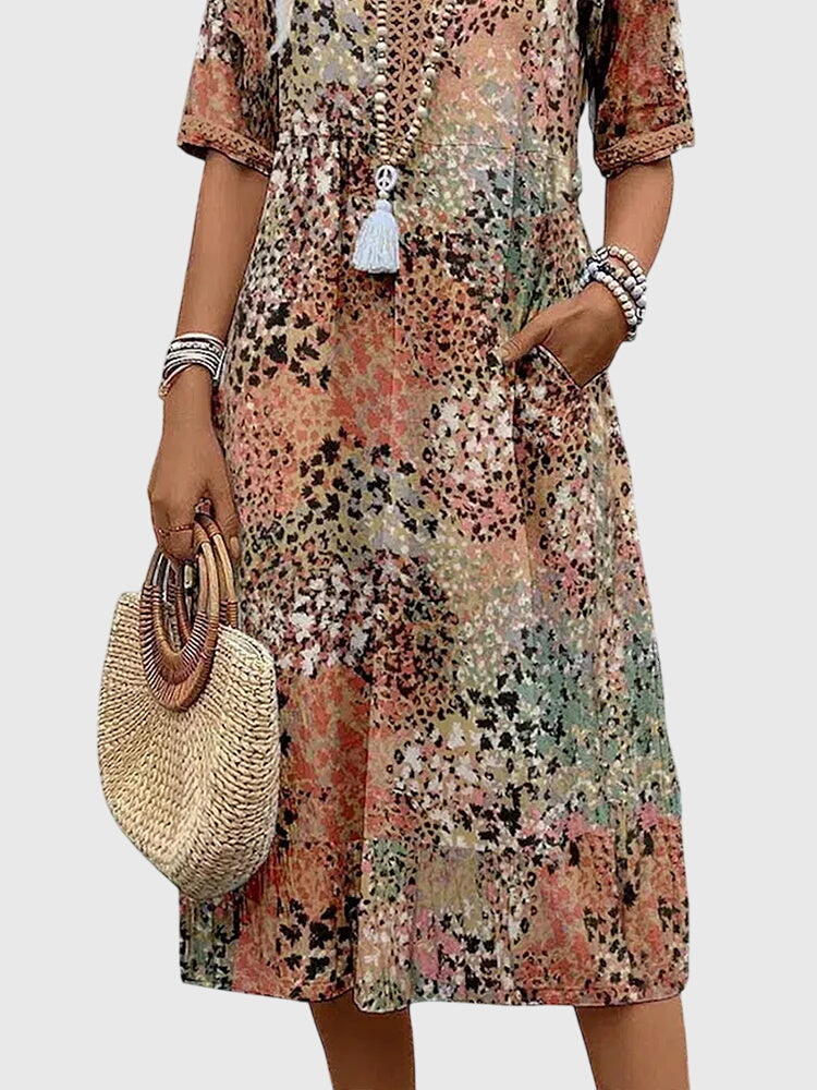 Women's Elegant V-Neck Floral Print Dress | Midi