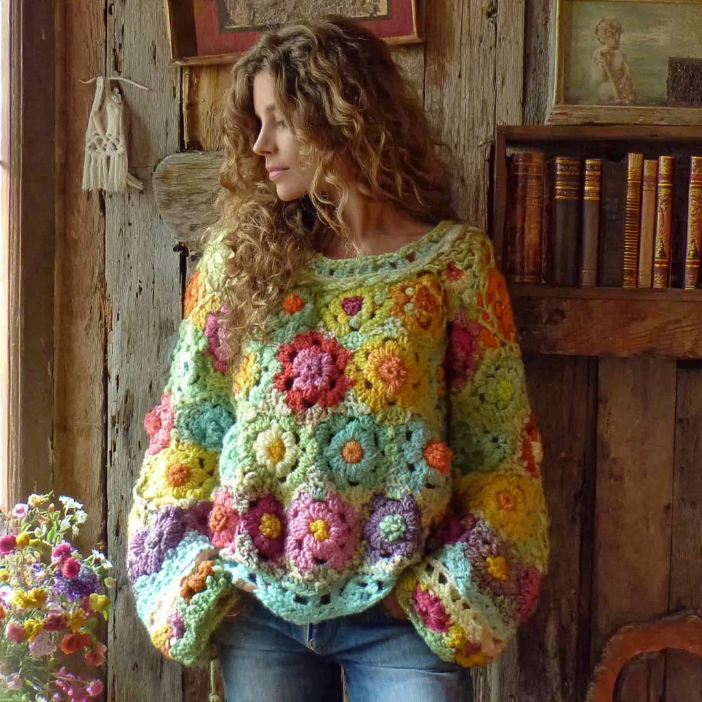 Women's Oversized Floral Winter Knit Sweater | Crochet