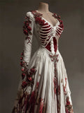 Women's Halloween Long Sleeve Floral White Dress | Maxi
