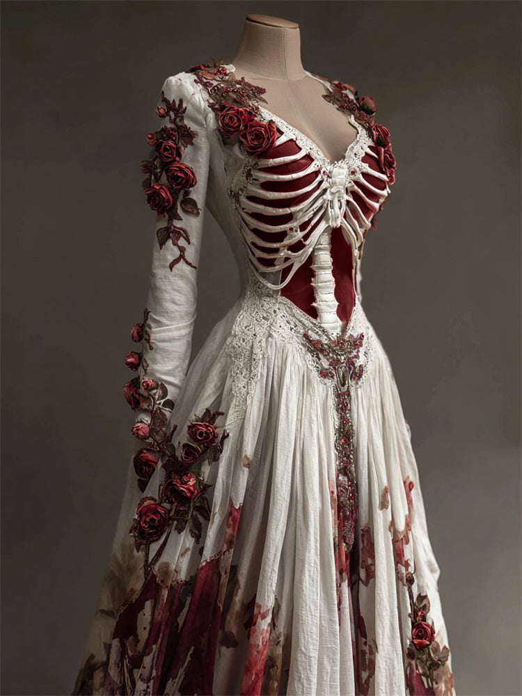 Women's Halloween Long Sleeve Floral White Dress | Maxi