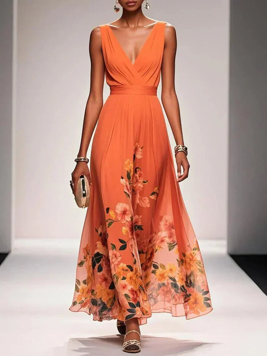 Women's Elegant Spring Floral Print Wedding Guest Dress | Maxi