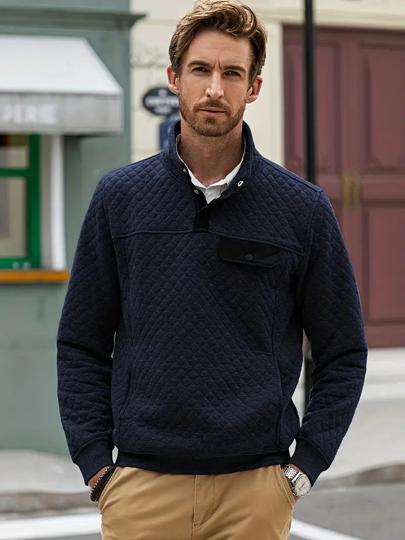 Men’s Quilted Stand Collar Button Sweater | Side Pockets