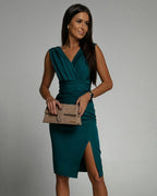 Women's Sleeveless Ruched V-Neck Dress | Midi