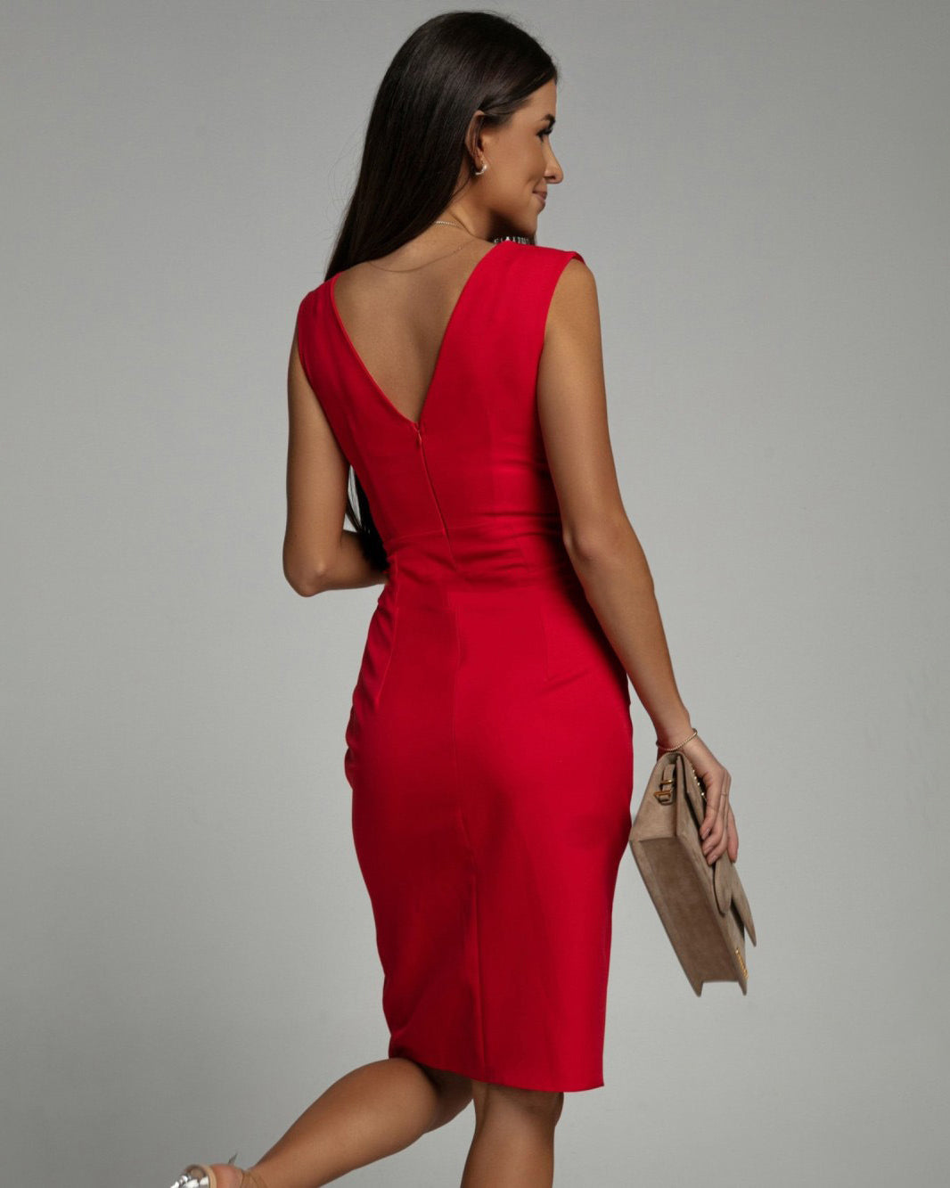 Women's Sleeveless Ruched V-Neck Dress | Midi