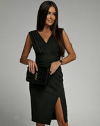 Women's Sleeveless Ruched V-Neck Dress | Midi