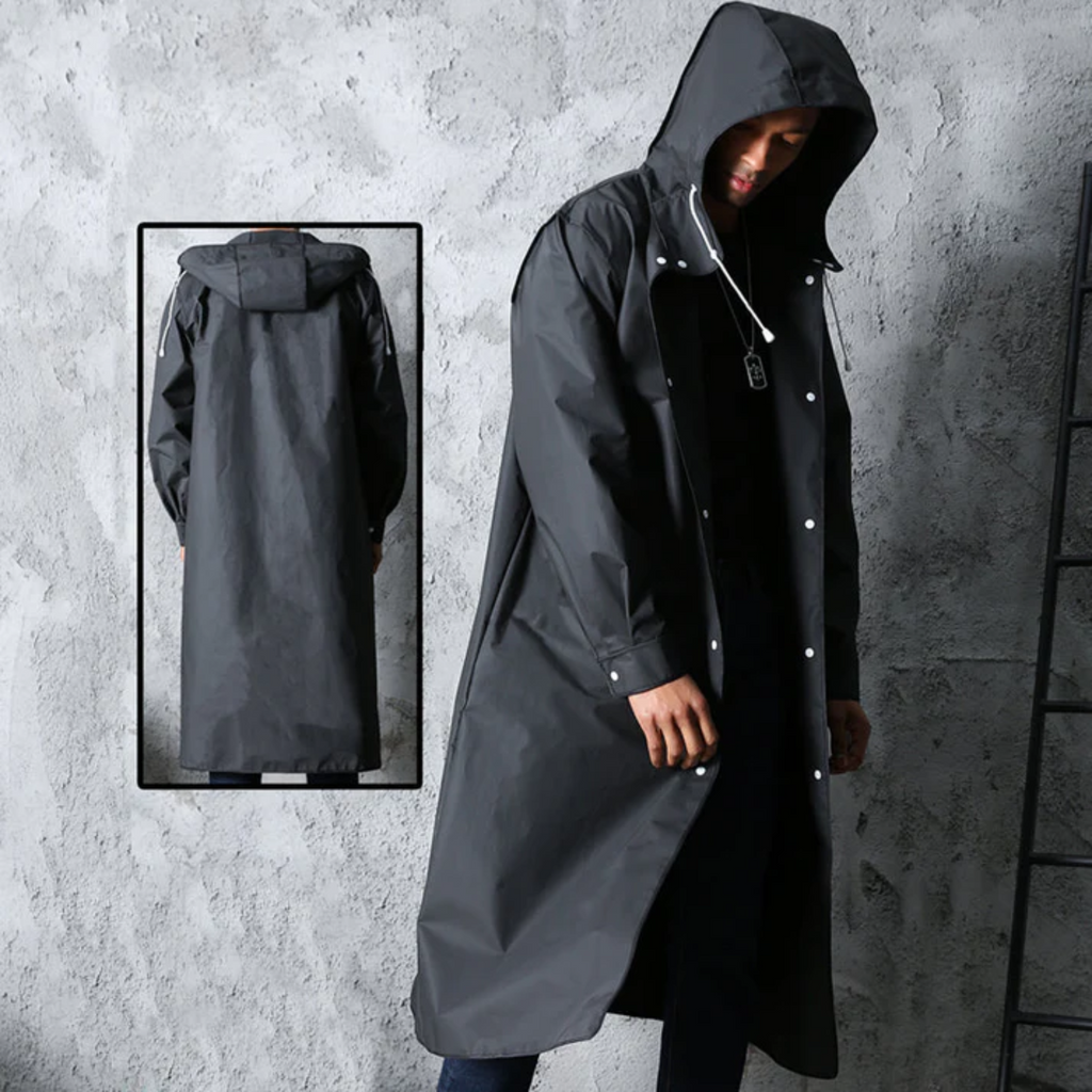 Men's Long Hooded Black Rain Coat | Button