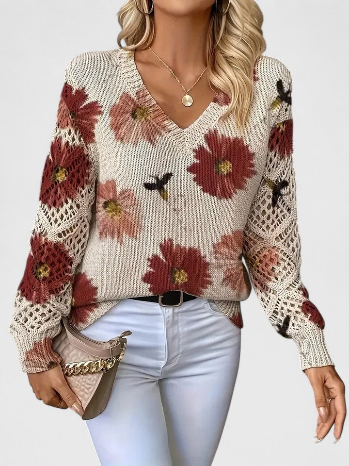 Women's Floral Knit Sweater | V-Neck