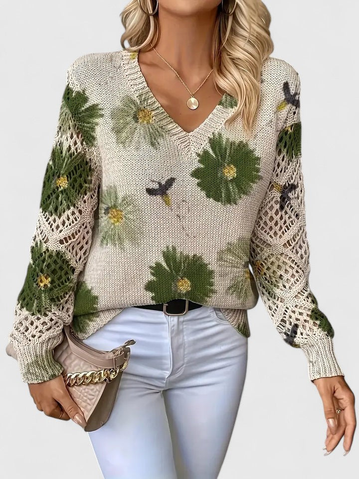 Women's Floral Knit Sweater | V-Neck