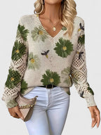 Women's Floral Knit Sweater | V-Neck