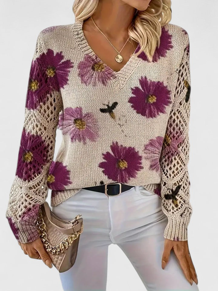 Women's Floral Knit Sweater | V-Neck