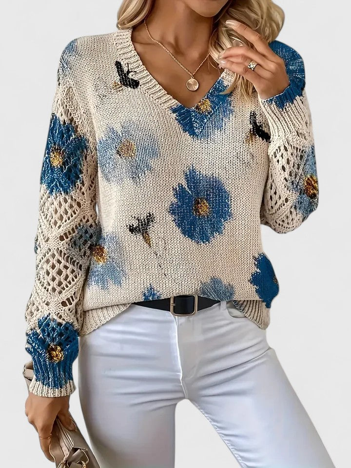 Women's Floral Knit Sweater | V-Neck