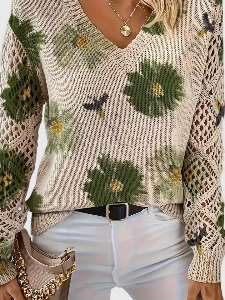 Women's Floral Knit Sweater | V-Neck