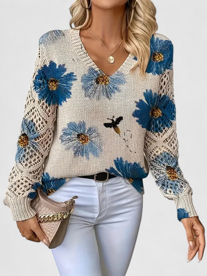 Women's Floral Knit Sweater | V-Neck