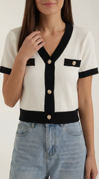 Women's Stylish Contrast Knit Cardigan | Short Sleeves