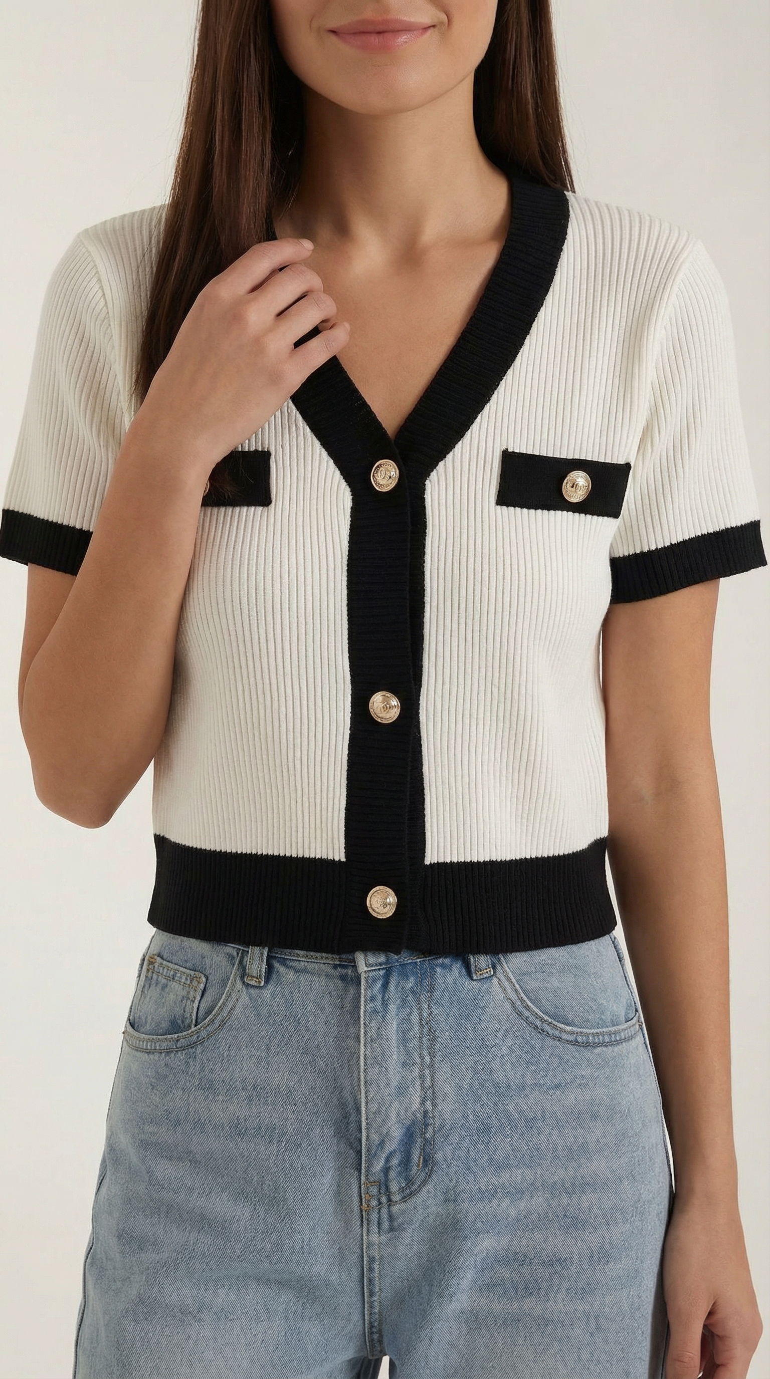Women's Stylish Contrast Knit Cardigan | Short Sleeves