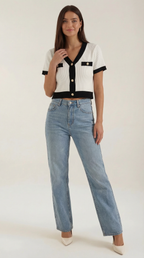 Women's Stylish Contrast Knit Cardigan | Short Sleeves