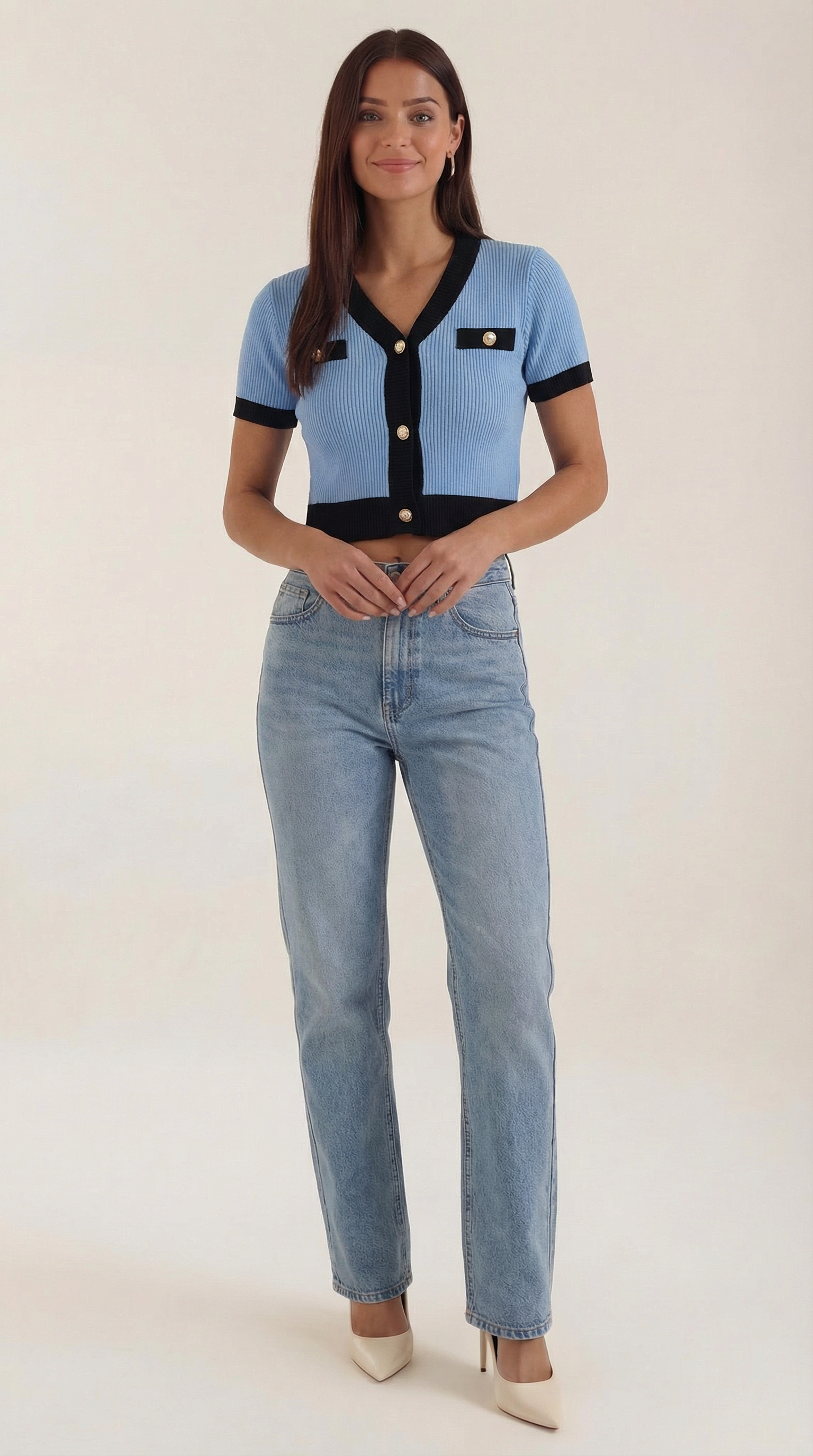 Women's Stylish Contrast Knit Cardigan | Short Sleeves