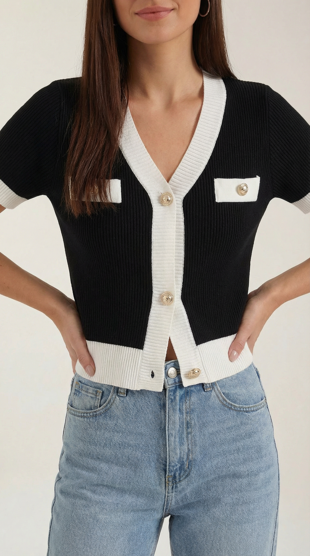 Women's Stylish Contrast Knit Cardigan | Short Sleeves