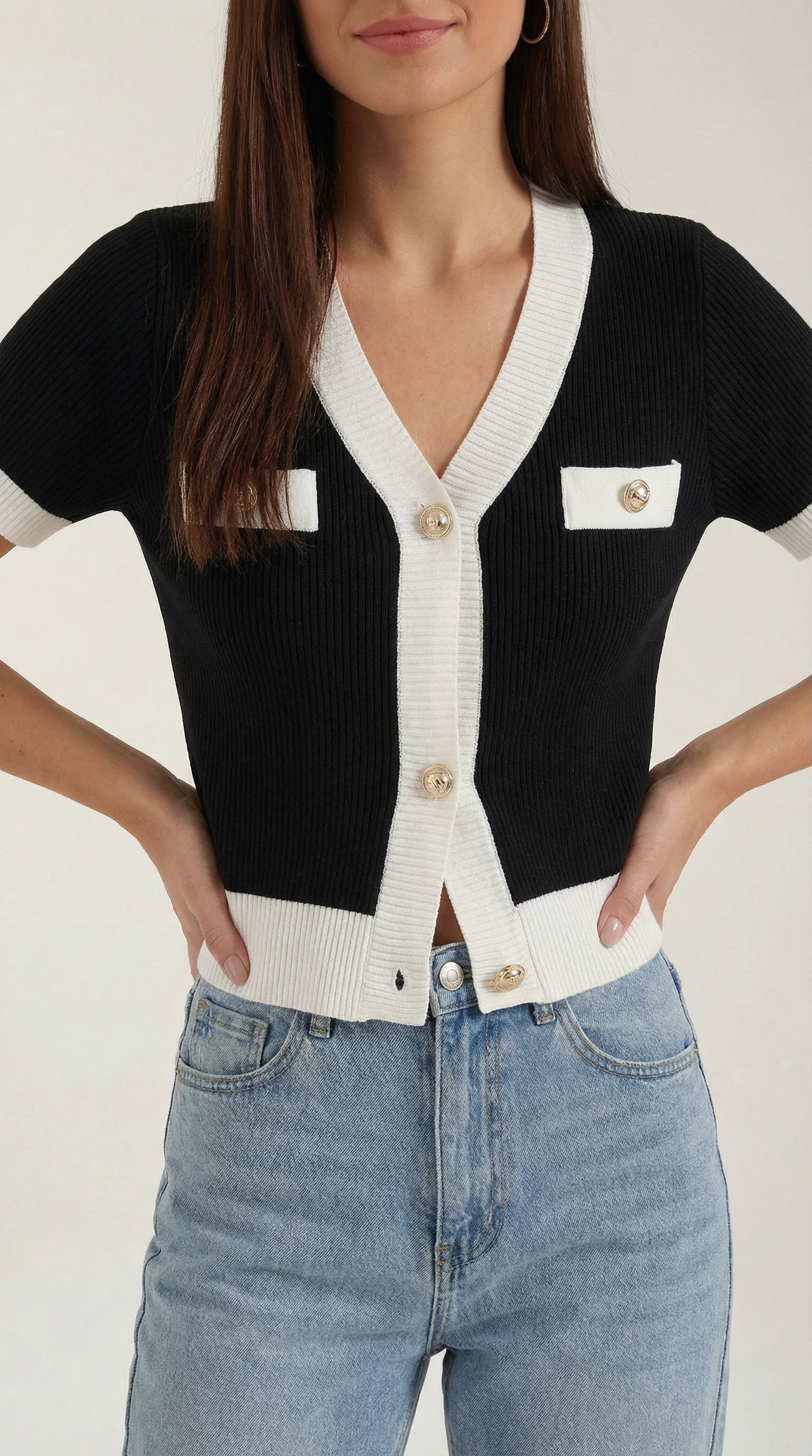 Women's Stylish Contrast Knit Cardigan | Short Sleeves