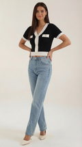 Women's Stylish Contrast Knit Cardigan | Short Sleeves