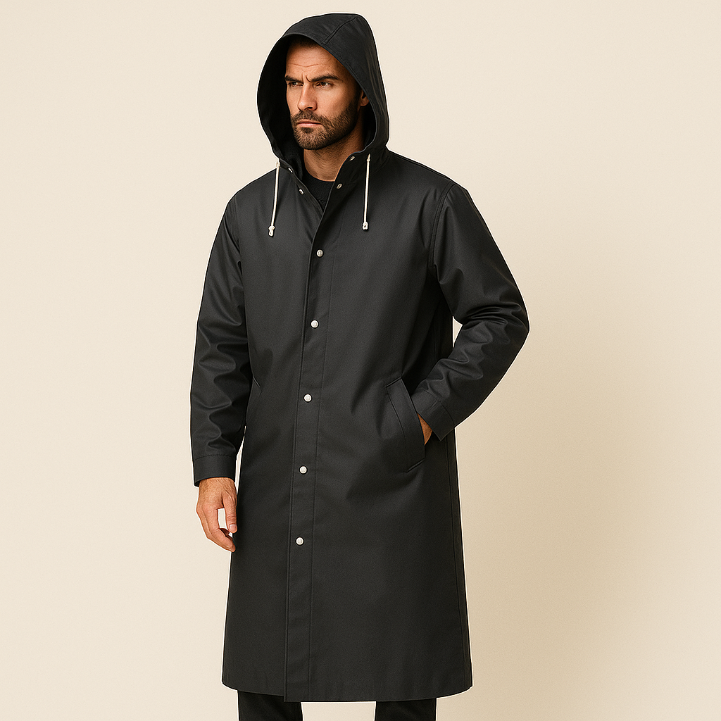 Men's Long Hooded Black Rain Coat | Button