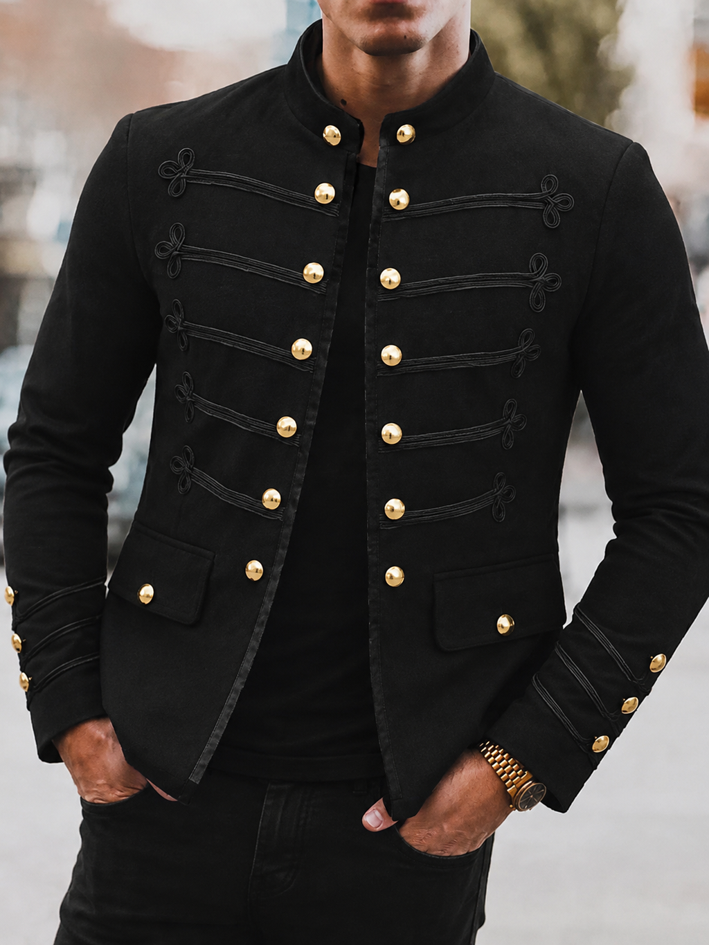 Men’s Slim Fit Zip-Up Jacket | Decorative Buttons
