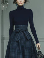 Women's Elegant Plaid Two-Piece Set | Turtleneck and Skirt