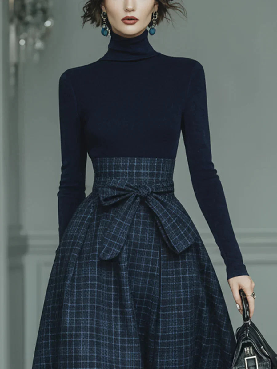 Women's Elegant Plaid Two-Piece Set | Turtleneck and Skirt