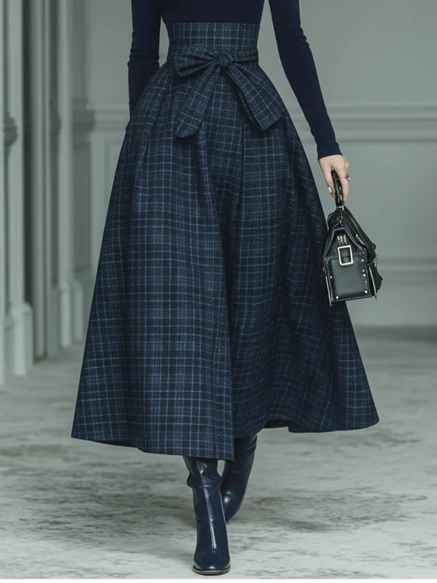 Women's Elegant Plaid Two-Piece Set | Turtleneck and Skirt