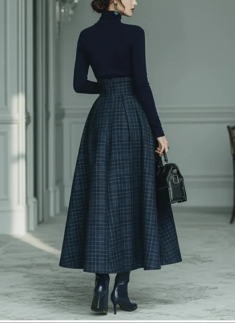 Women's Elegant Plaid Two-Piece Set | Turtleneck and Skirt