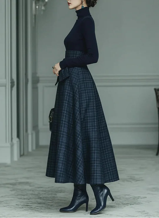 Women's Elegant Plaid Two-Piece Set | Turtleneck and Skirt