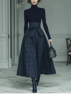 Women's Elegant Plaid Two-Piece Set | Turtleneck and Skirt