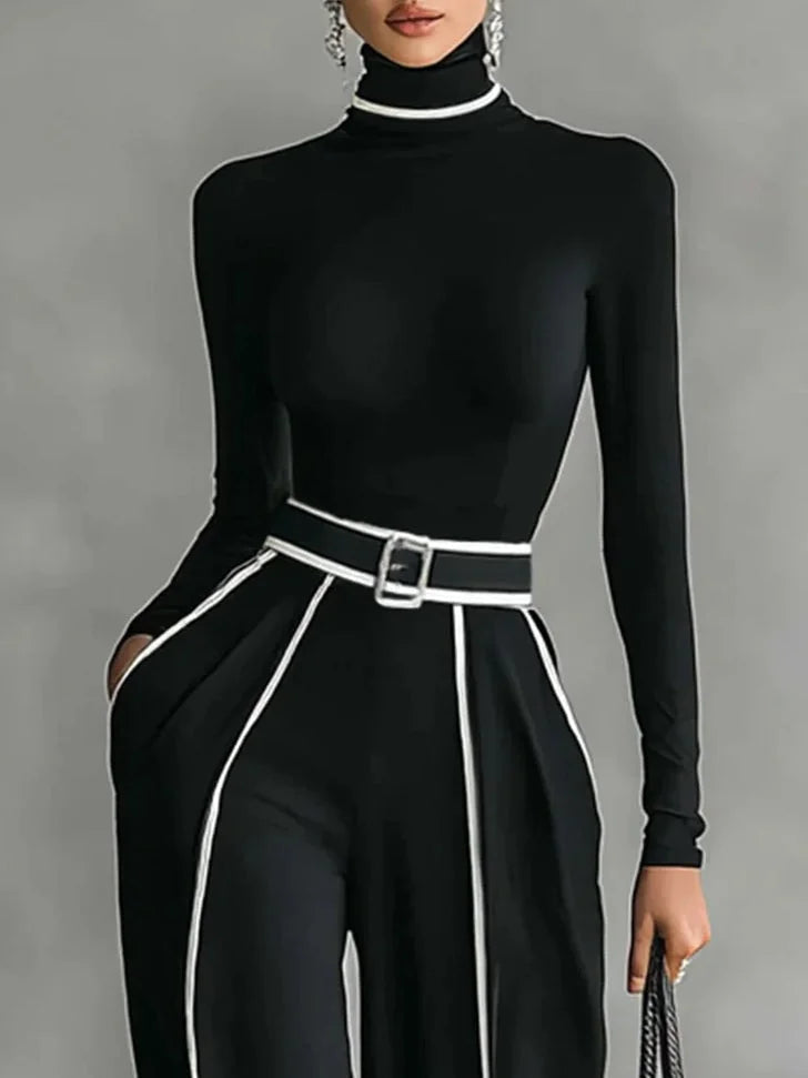Women's Chic Turtleneck Two-Piece Set | Contrast Trim