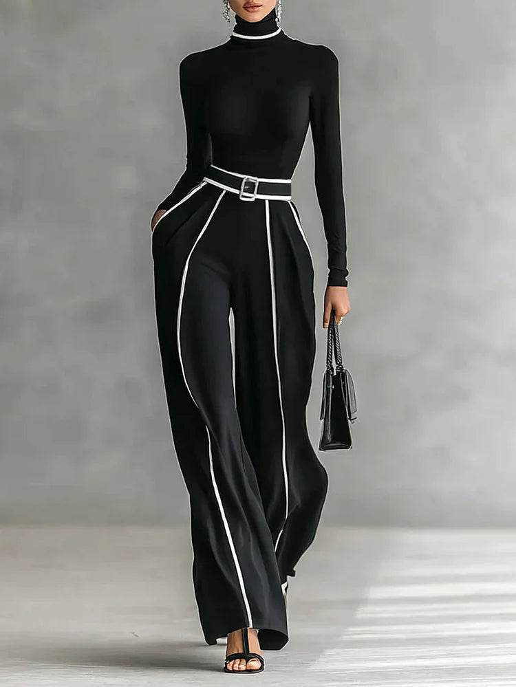 Women's Chic Turtleneck Two-Piece Set | Contrast Trim