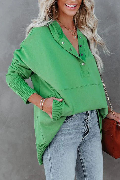 Women’s Hooded Oversized V-Neck Sweater | Button Detail
