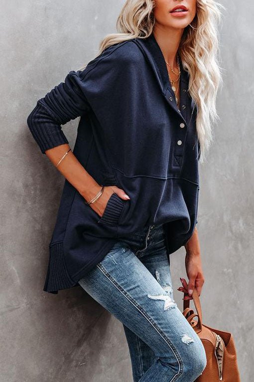 Women’s Hooded Oversized V-Neck Sweater | Button Detail