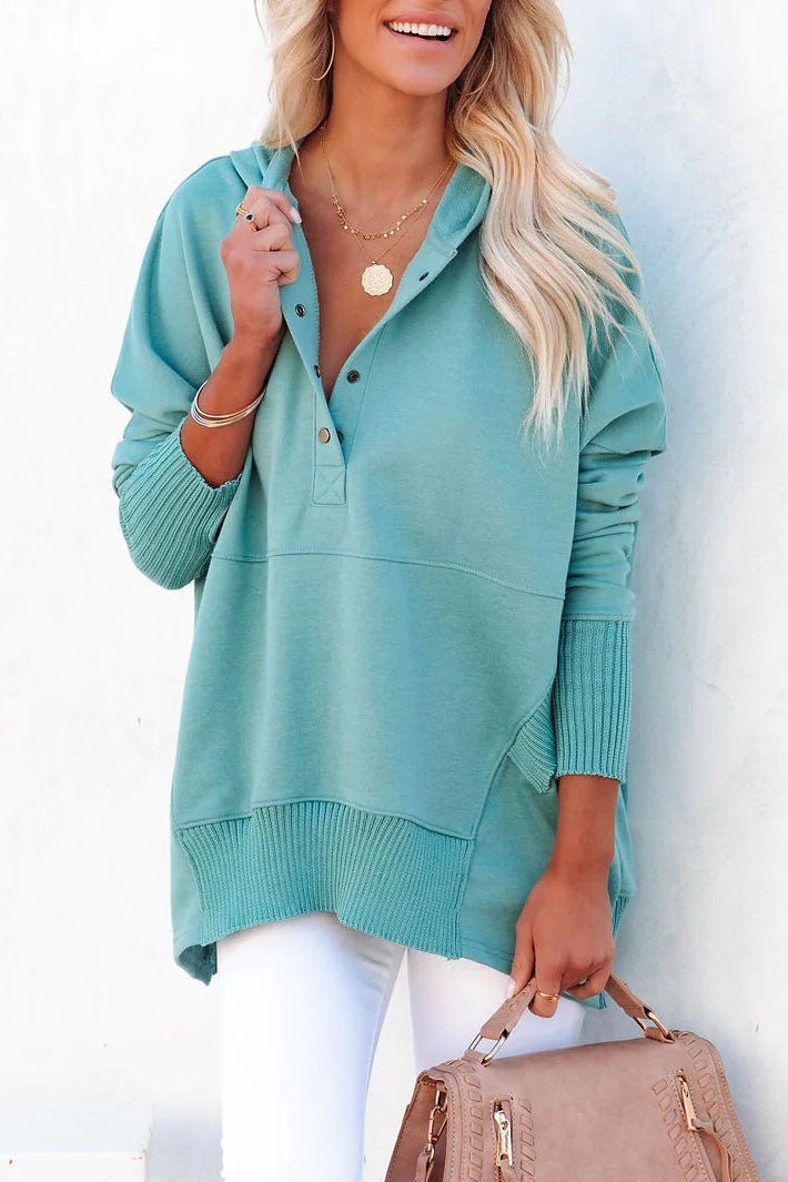 Women’s Hooded Oversized V-Neck Sweater | Button Detail