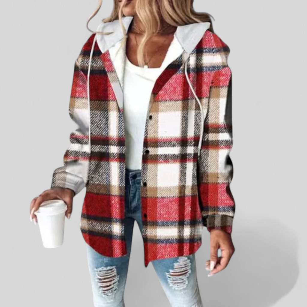 Women's Hooded Checkered Pattern Jacket | Long Sleeves