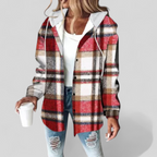Women's Hooded Checkered Pattern Jacket | Long Sleeves