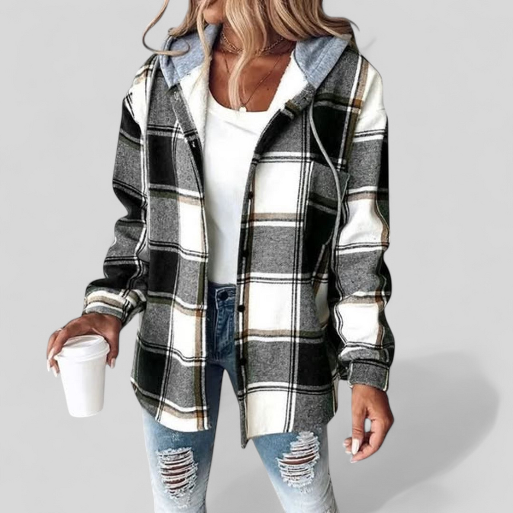 Women's Hooded Checkered Pattern Jacket | Long Sleeves