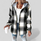 Women's Hooded Checkered Pattern Jacket | Long Sleeves
