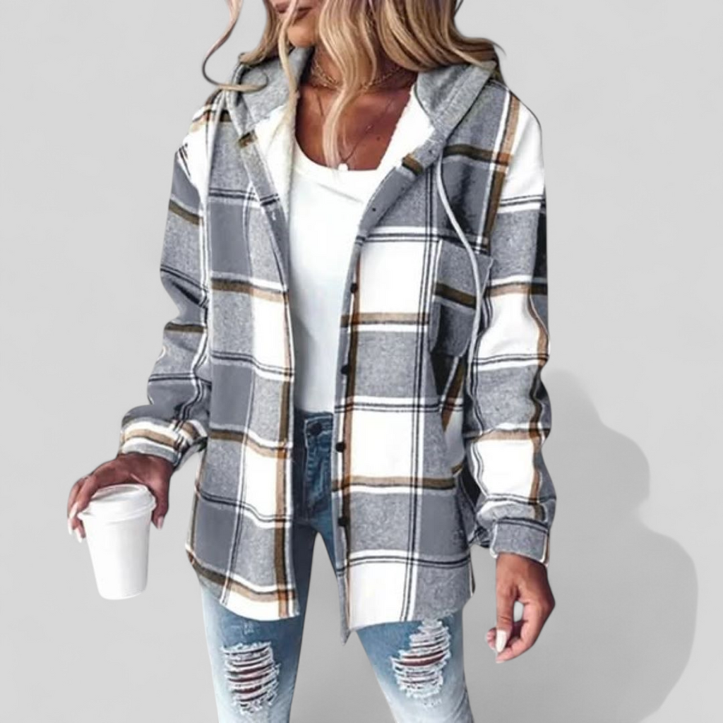 Women's Hooded Checkered Pattern Jacket | Long Sleeves