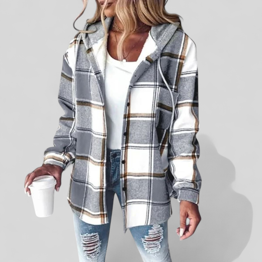 Women's Hooded Checkered Pattern Jacket | Long Sleeves