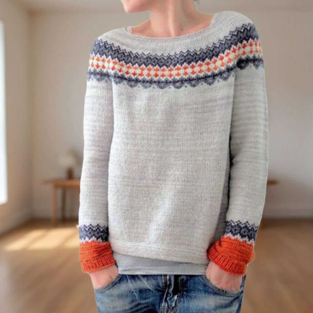 Women’s Printed Round Neck Sweater | Ribbed Cuffs